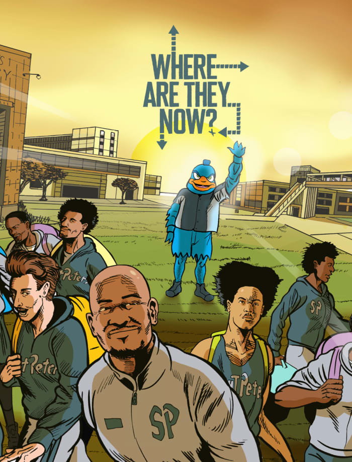 An illustration of Saint Peter’s players and Shaheen Holloway leaving the school